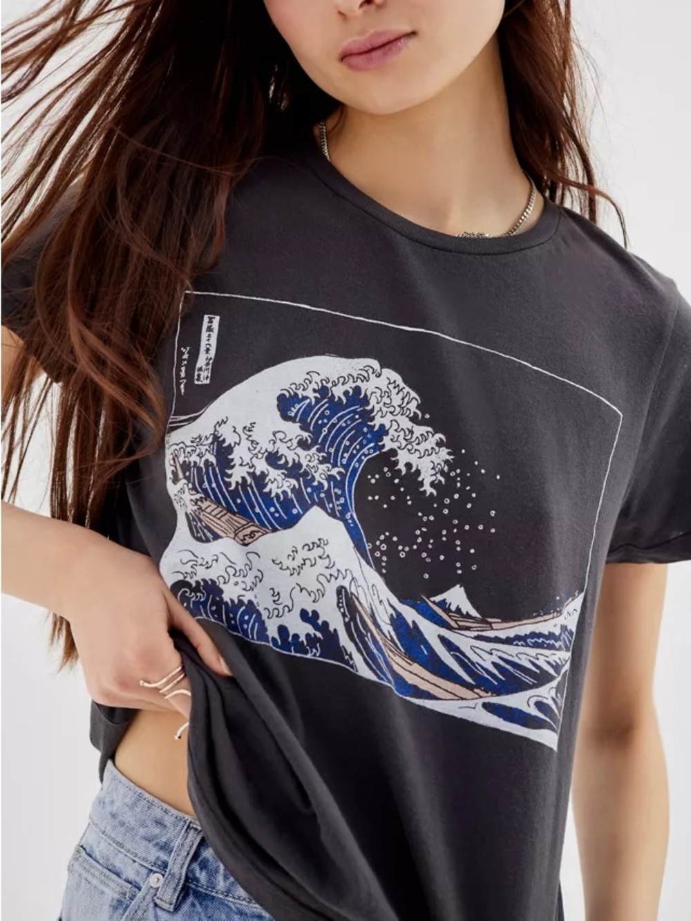 Urban Outfitters Dark Grey Graphic Wave of Hokusai T-Shirt 100% Cotton